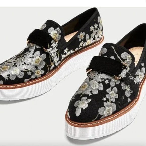 Zara Shoes - RESERVED Zara Gold Silver Black Floral Platform Loafer Slip On Size 38 US 7.5